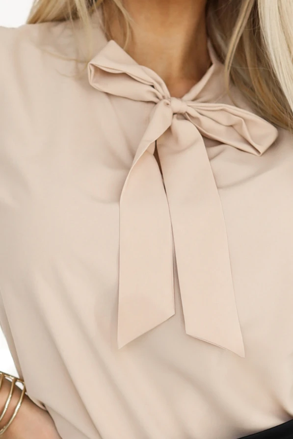 Businessbluse mit langen Ärmeln und Bindebändern vorne - beige