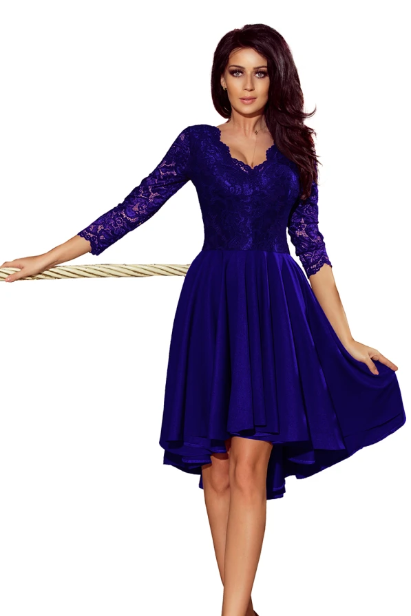210-4 NICOLLE - Kleid mit längerem Rücken mit Spitzenausschnitt - blau