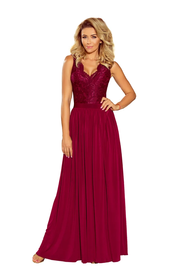 211-2 LEA langes Kleid mit Spitzen-Ausschnitt - Burgunder Farbe