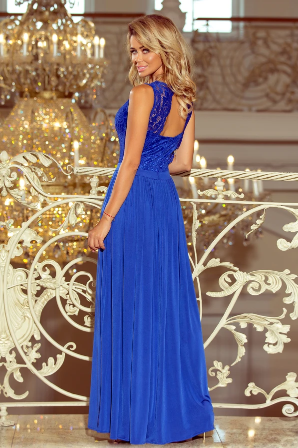 211-3 LEA langes Kleid mit Spitzen-Ausschnitt - blau