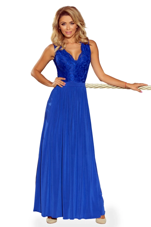 211-3 LEA langes Kleid mit Spitzen-Ausschnitt - blau