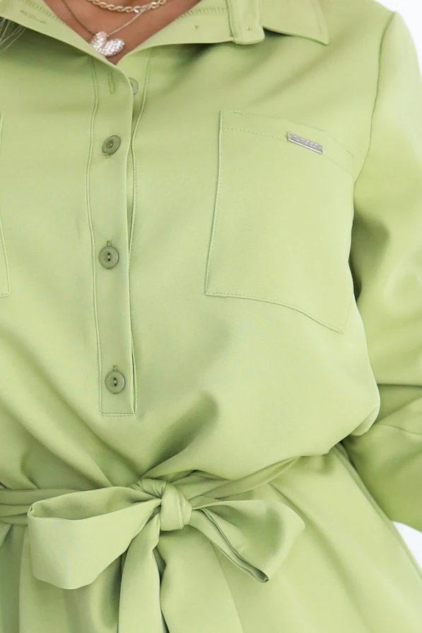 284-3 CAMILLE Hemdblusenkleid mit Taschen und Bändern - olivfarben