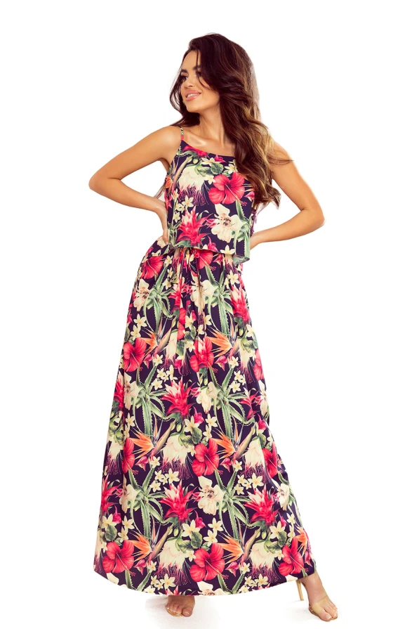 294-1 Ein langes Sommerkleid mit Trägern - rote Blumen