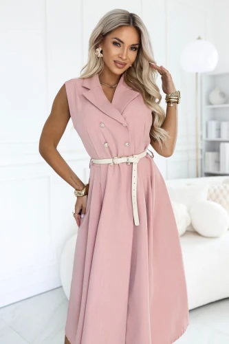 Puderrosafarbenes Midi-Hemdblusenkleid Numoco Basic mit Kragen, Taillengürtel und ausgestelltem Rock.}