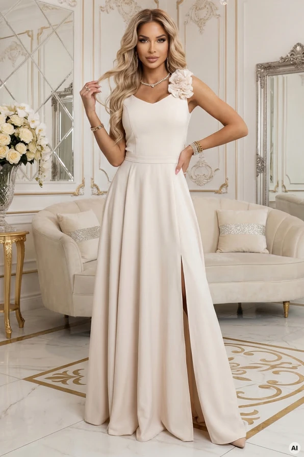 Langes beiges Abendkleid mit Blume an der Schulter und Schlitz