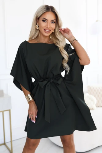 Dunkelkhaki - Minikleid Numoco mit breiten Kimono-Ärmeln und Bindegürtel an der Taille}