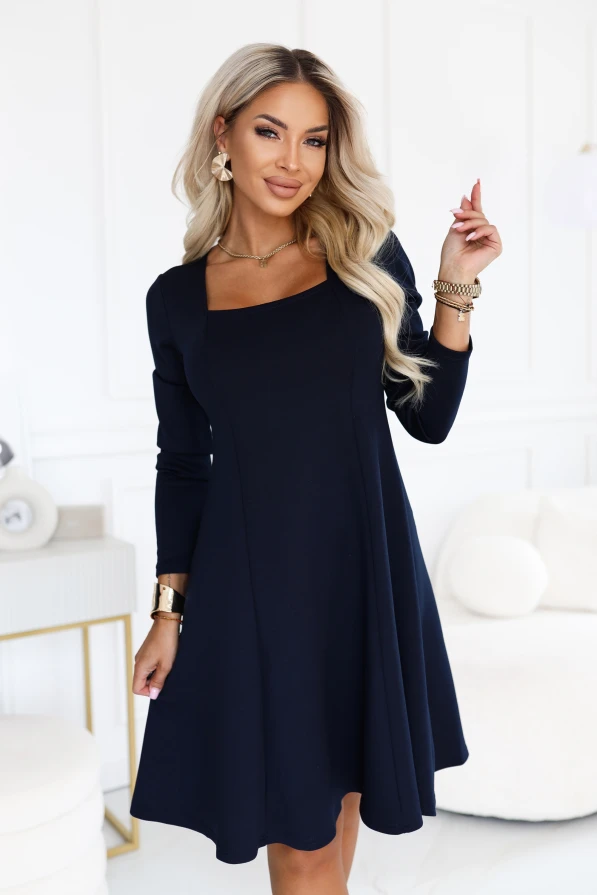 Marineblaues ausgestelltes Damenkleid mit langem Ärmel und quadratischem Ausschnitt - Numoco.