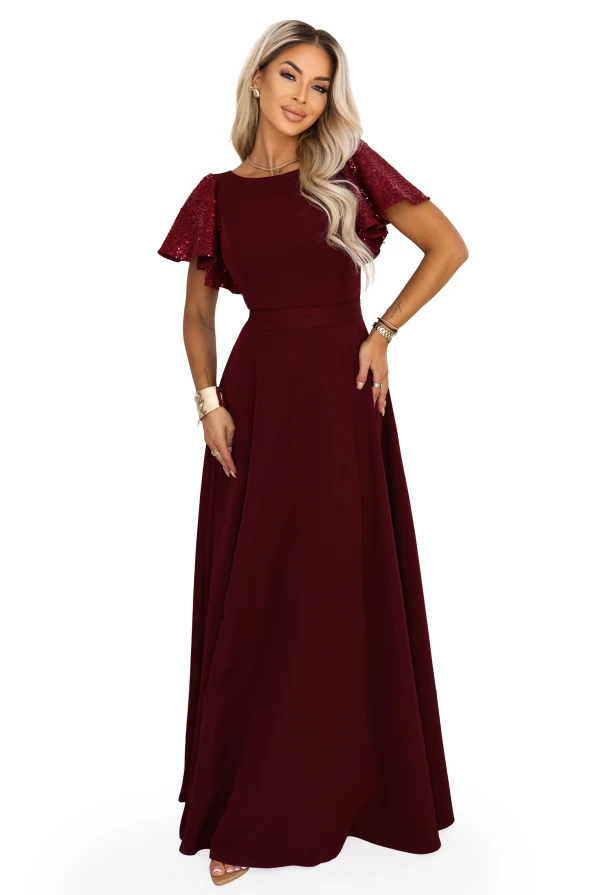 Bordeauxrotes langes Abendkleid Mirella Numoco mit Pailletten-Ärmeln, ausgestelltem Saum und betonter Taille