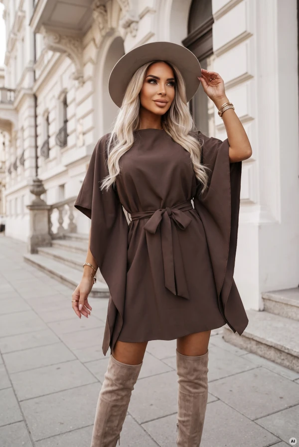 Model im Kleid SOFIA von Numoco in einem Mokkabraun-Ton. Das Kleid reicht knapp über das Knie, hat einen Bootausschnitt, weite Schmetterlingsärmel und einen in der Taille zur Schleife gebundenen Gürtel.