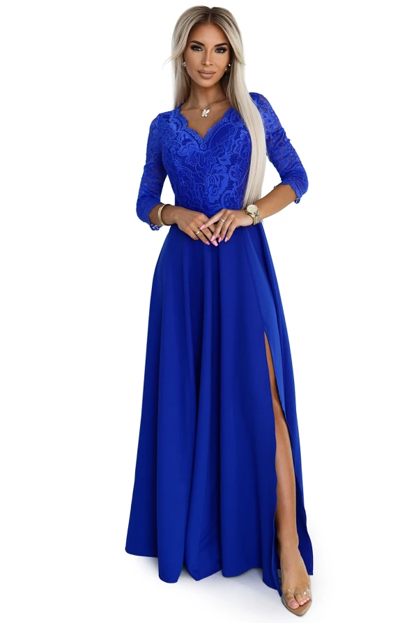 309-12 AMBER elegantes langes Spitzenkleid mit Ausschnitt - Blau