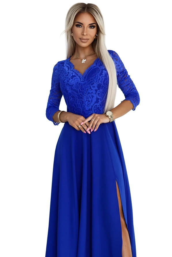 309-12 AMBER elegantes langes Spitzenkleid mit Ausschnitt - Blau