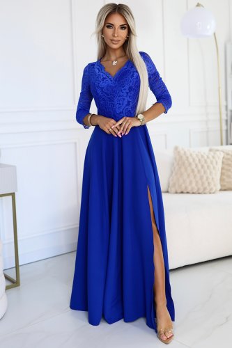 309-12 AMBER elegantes langes Spitzenkleid mit Ausschnitt - Blau