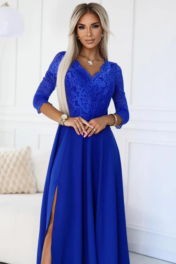 309-12 AMBER elegantes langes Spitzenkleid mit Ausschnitt - Blau