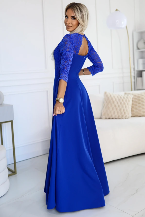 309-12 AMBER elegantes langes Spitzenkleid mit Ausschnitt - Blau