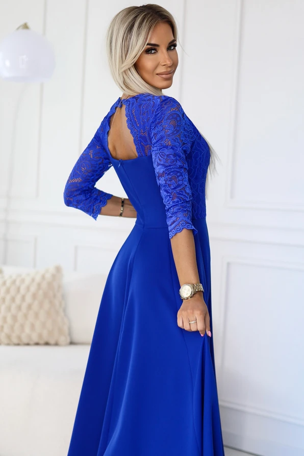 309-12 AMBER elegantes langes Spitzenkleid mit Ausschnitt - Blau