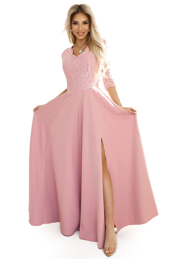 309-13 AMBER elegantes langes Spitzenkleid mit Ausschnitt - puderrosa