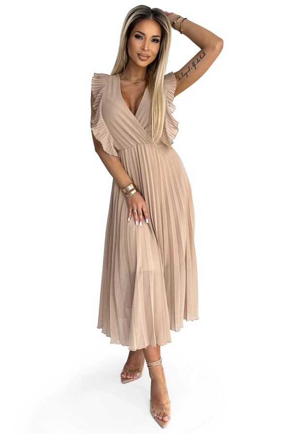 315-6 EMILY Plissiertes Kleid mit Rüschen an Schultern und Ausschnitt – Beige