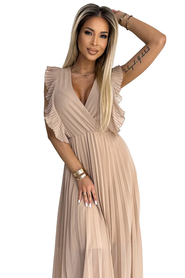 315-6 EMILY Plissiertes Kleid mit Rüschen an Schultern und Ausschnitt – Beige