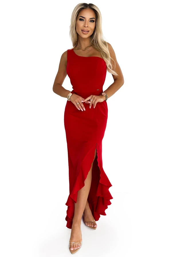 317-4 Eine Schulter lange Kleid - Rot