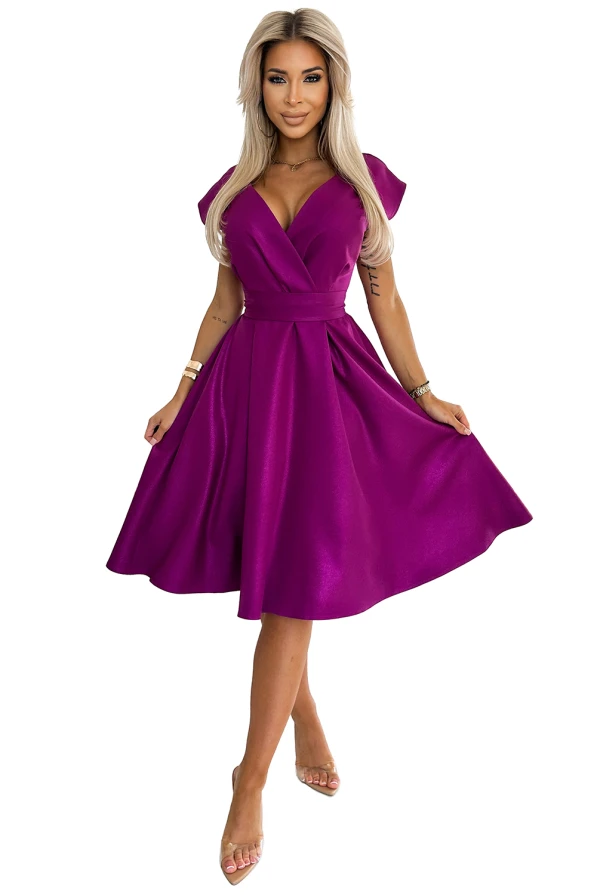 348-8 SCARLETT ausgestelltes Kleid mit Umschlagausschnitt - Fuchsia mit Glitzer