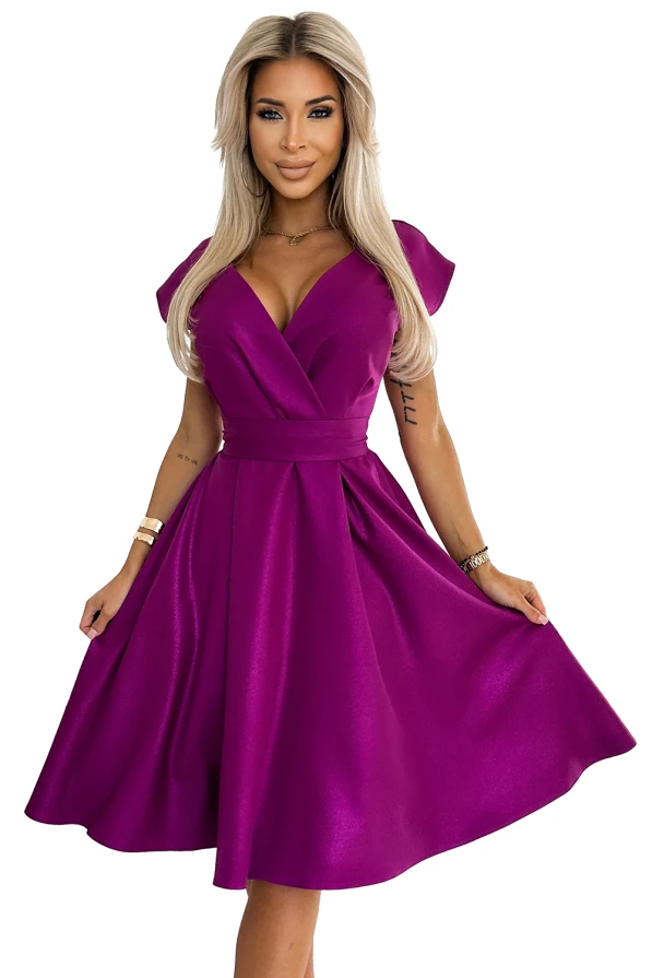 348-8 SCARLETT ausgestelltes Kleid mit Umschlagausschnitt - Fuchsia mit Glitzer