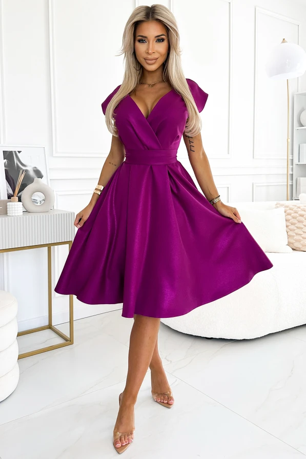 348-8 SCARLETT ausgestelltes Kleid mit Umschlagausschnitt - Fuchsia mit Glitzer