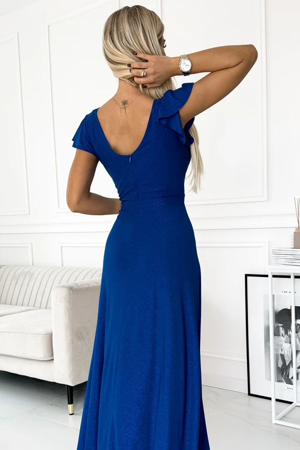 411-9 CRYSTAL schimmerndes langes Kleid mit Ausschnitt - Blau