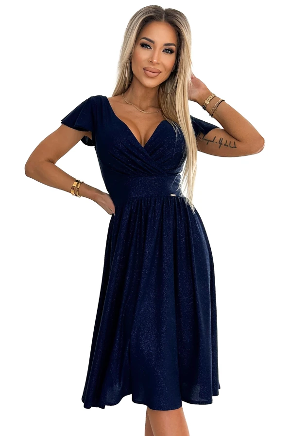 MATILDE Kleid mit Ausschnitt und kurzen Ärmeln - Marineblau mit Glitzer