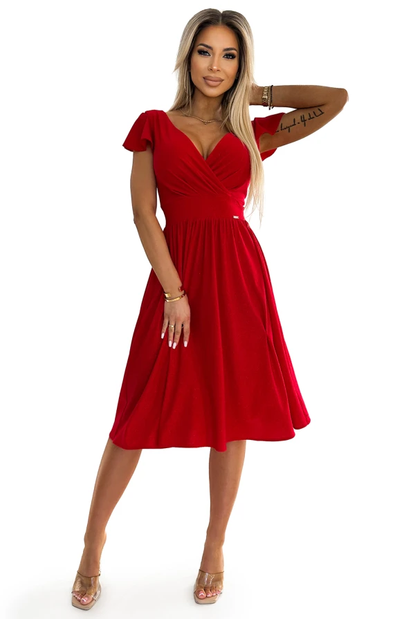 MATILDE Kleid mit Ausschnitt und kurzen Ärmeln - rot mit Glitzer