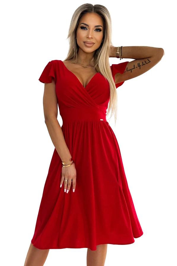 MATILDE Kleid mit Ausschnitt und kurzen Ärmeln - rot mit Glitzer