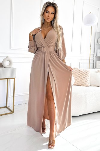 536-2 FIORELLA Langes Kleid mit breitem Gürtel und Ausschnitt - Beige