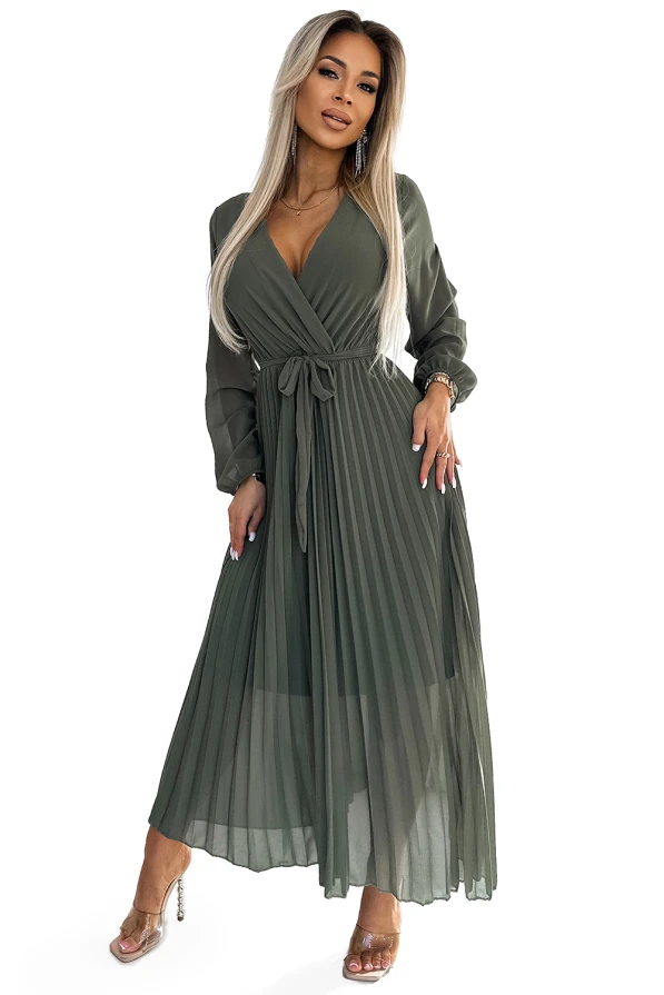 537-2 Plissiertes Chiffonkleid mit Ausschnitt, langen Ärmeln und gebundenem Gürtel - KHAKI