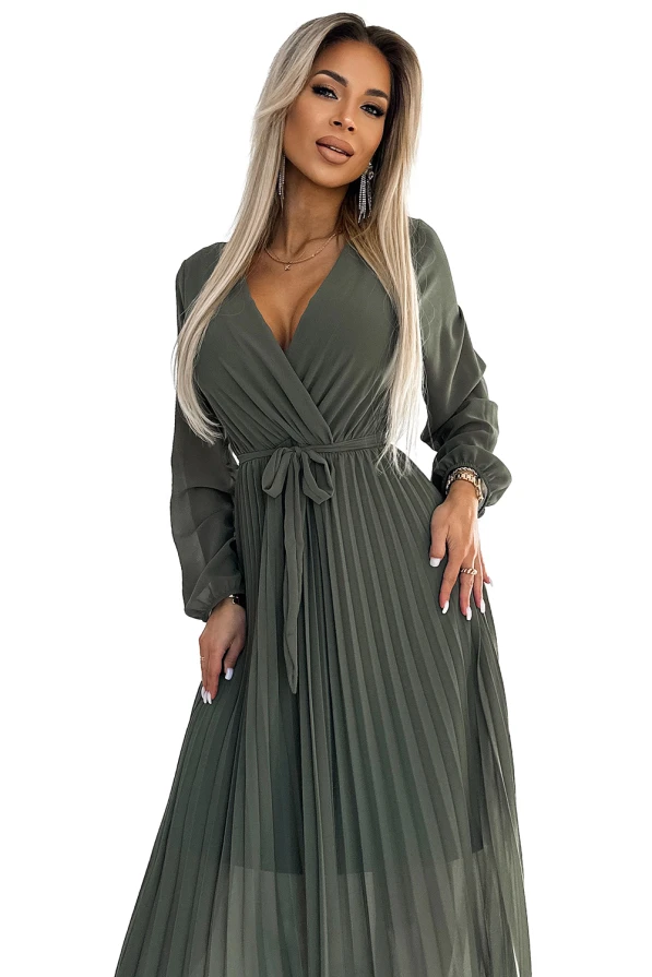 537-2 Plissiertes Chiffonkleid mit Ausschnitt, langen Ärmeln und gebundenem Gürtel - KHAKI