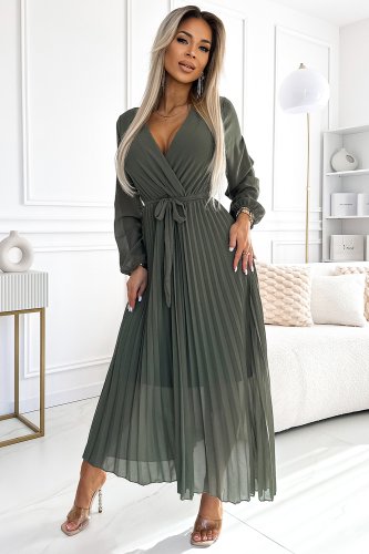 537-2 Plissiertes Chiffonkleid mit Ausschnitt, langen Ärmeln und gebundenem Gürtel - KHAKI