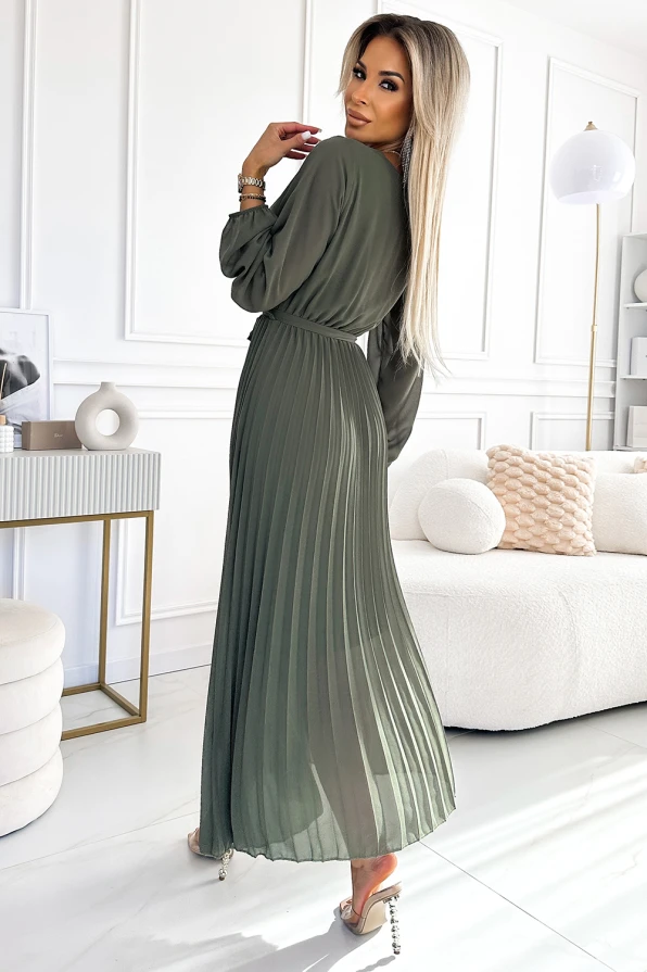 537-2 Plissiertes Chiffonkleid mit Ausschnitt, langen Ärmeln und gebundenem Gürtel - KHAKI