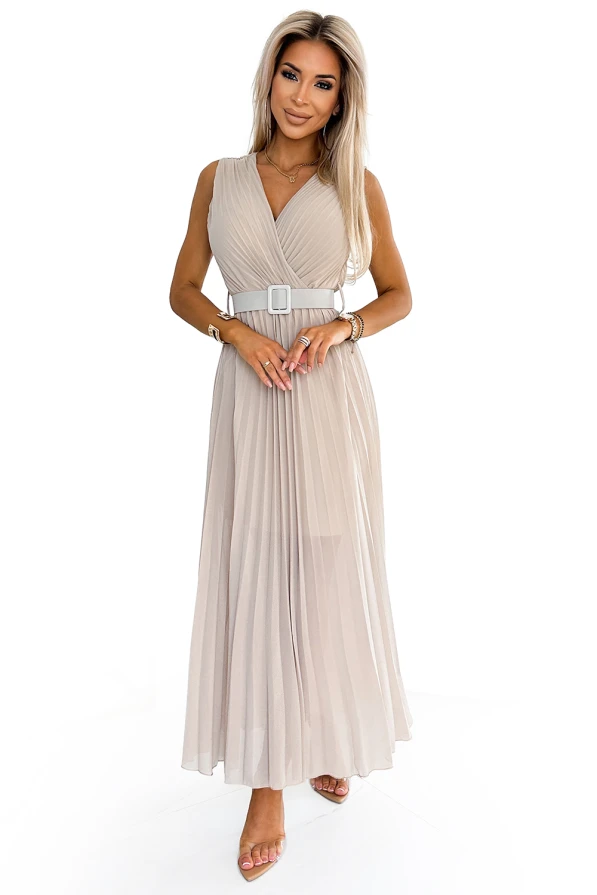 546-1 Plissiertes Kleid mit breitem Gürtel und Ausschnitt – Beige