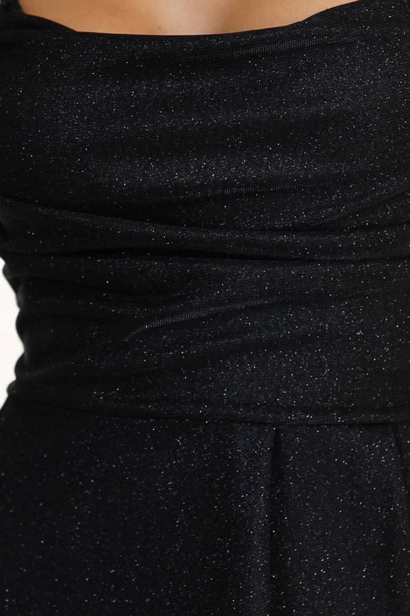 589-1 Langes Kleid mit dezentem Glanz und Korsettschnürung am Rücken - schwarz mit Glitzer