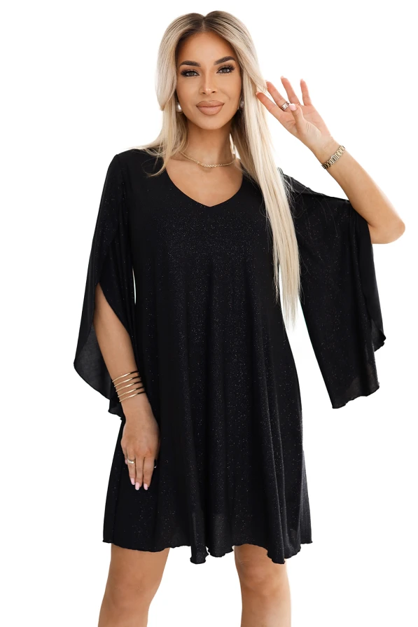 LIVIA Elegancka trapezowa sukienka z rękawami typu motyl - czarna z brokatem