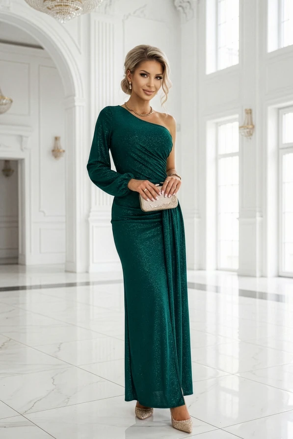 Elegancka wieczorowa suknia w odcieniu butelkowej zieleni, dopasowana, z jednym rękawem i rozcięciem – model Numoco idealny na studniówkę i galę.