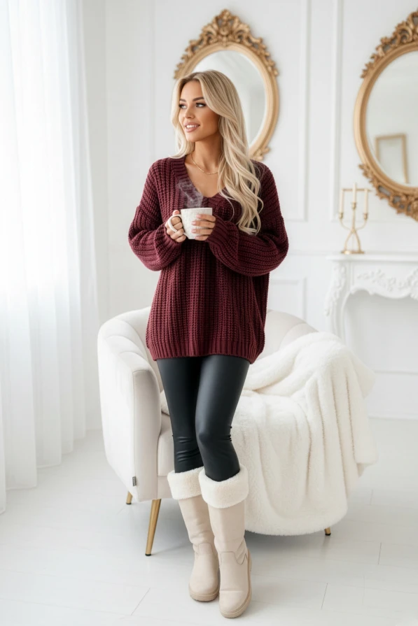 Kobieta w długim, bordowym swetrze z dekoltem w szpic i długim naszyjnikiem. Pozuje w eleganckim, białym wnętrzu. Modny strój